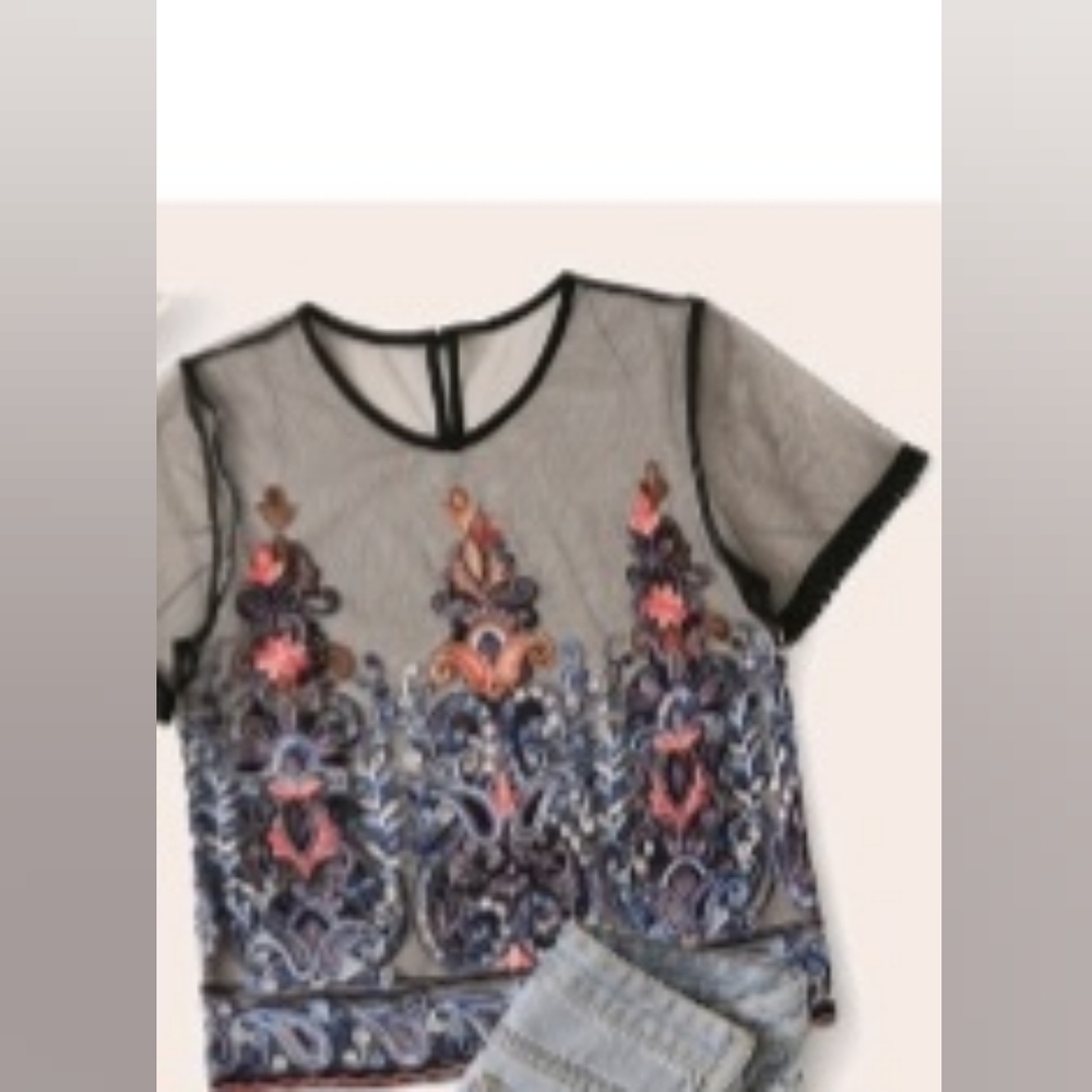 Paisley Embroidered Sheer Mesh Tee